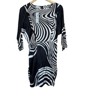 NWT Vintage Cache Silk Blend‎ Sheath Dress Womens 2 Black White Wavy Design